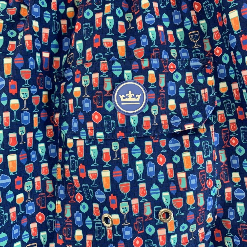 Peter Millar Swim Trunks Mens XL Navy‎ Blue Cocktail Glass Print Seaside Board